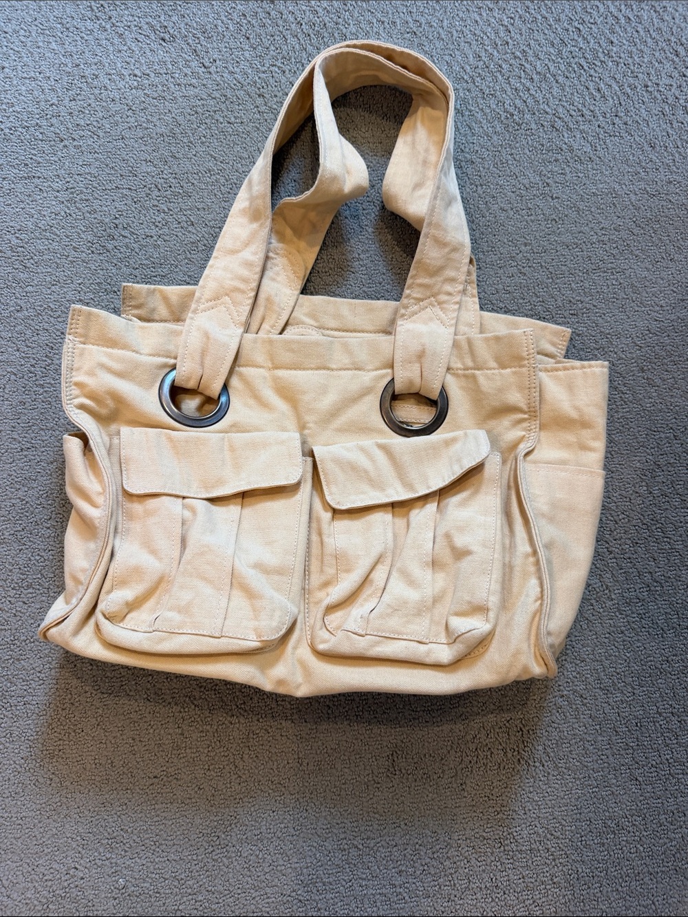 Free People Beige Canvas Utility Tote with Front Flap Pockets